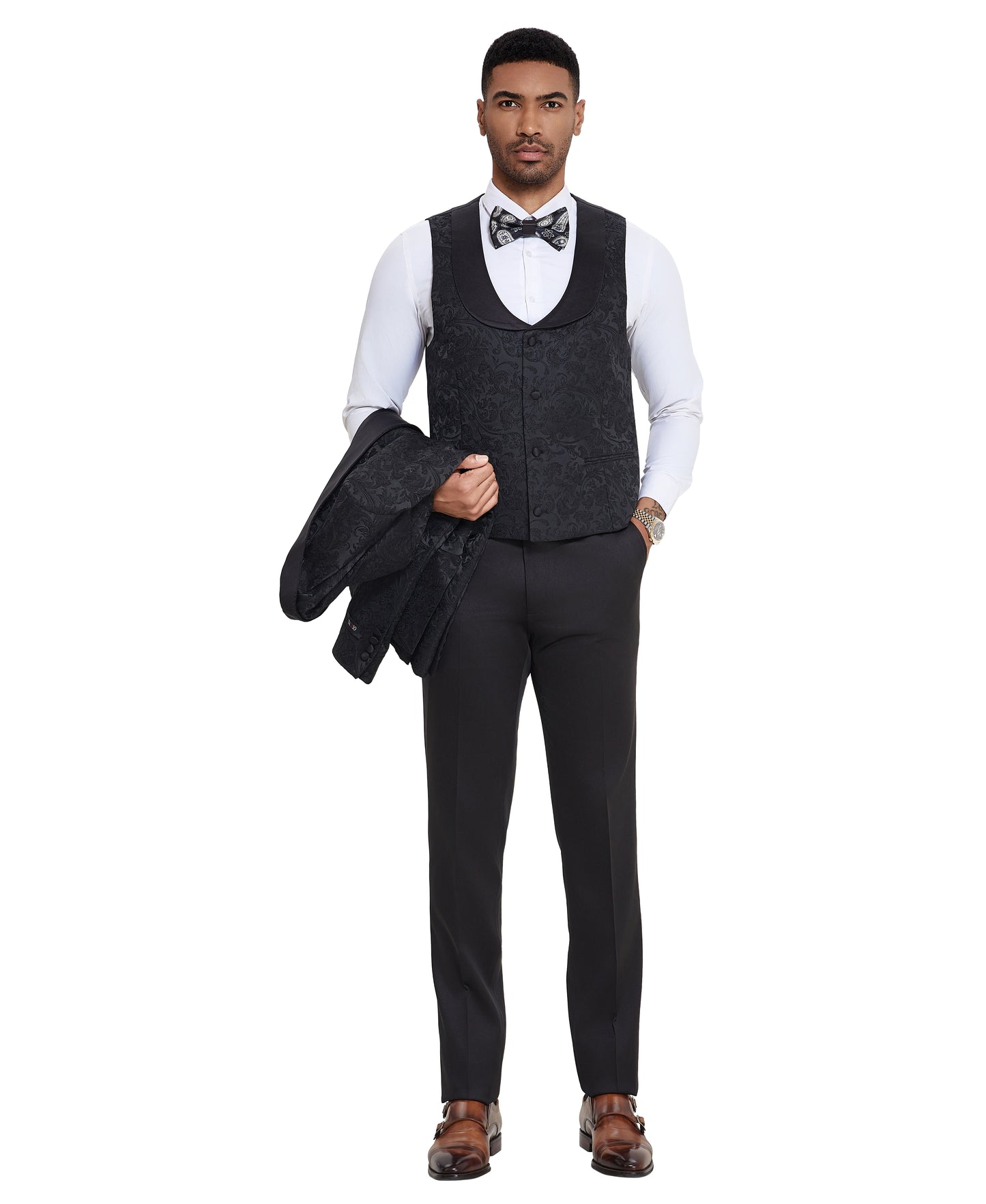Men's Suit 3pc Paisley Satin Shawl Lapel With Matching Solid Satin Pants Collared Vest For All Occasions