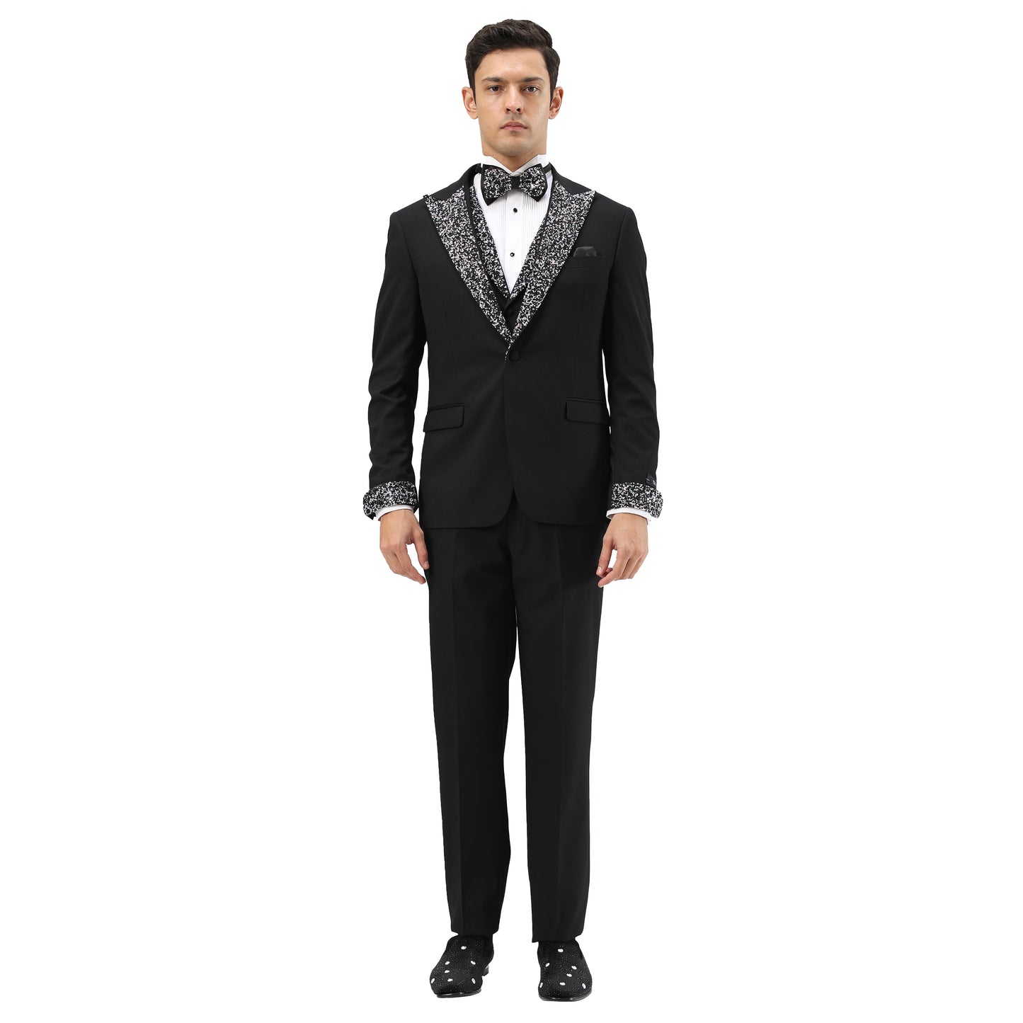 3 PC Solid Satin Rhinestone Peak Lapel Collared Vest Suit