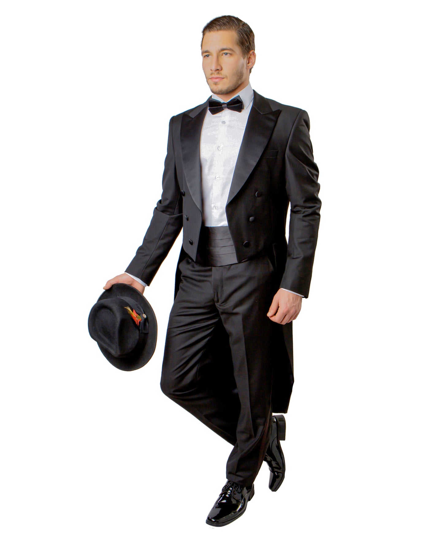 Mens Tuxedo Bryan Michaels Tail Tuxedo Jacket with Satin Peak Lapel and Matching Satin Pants