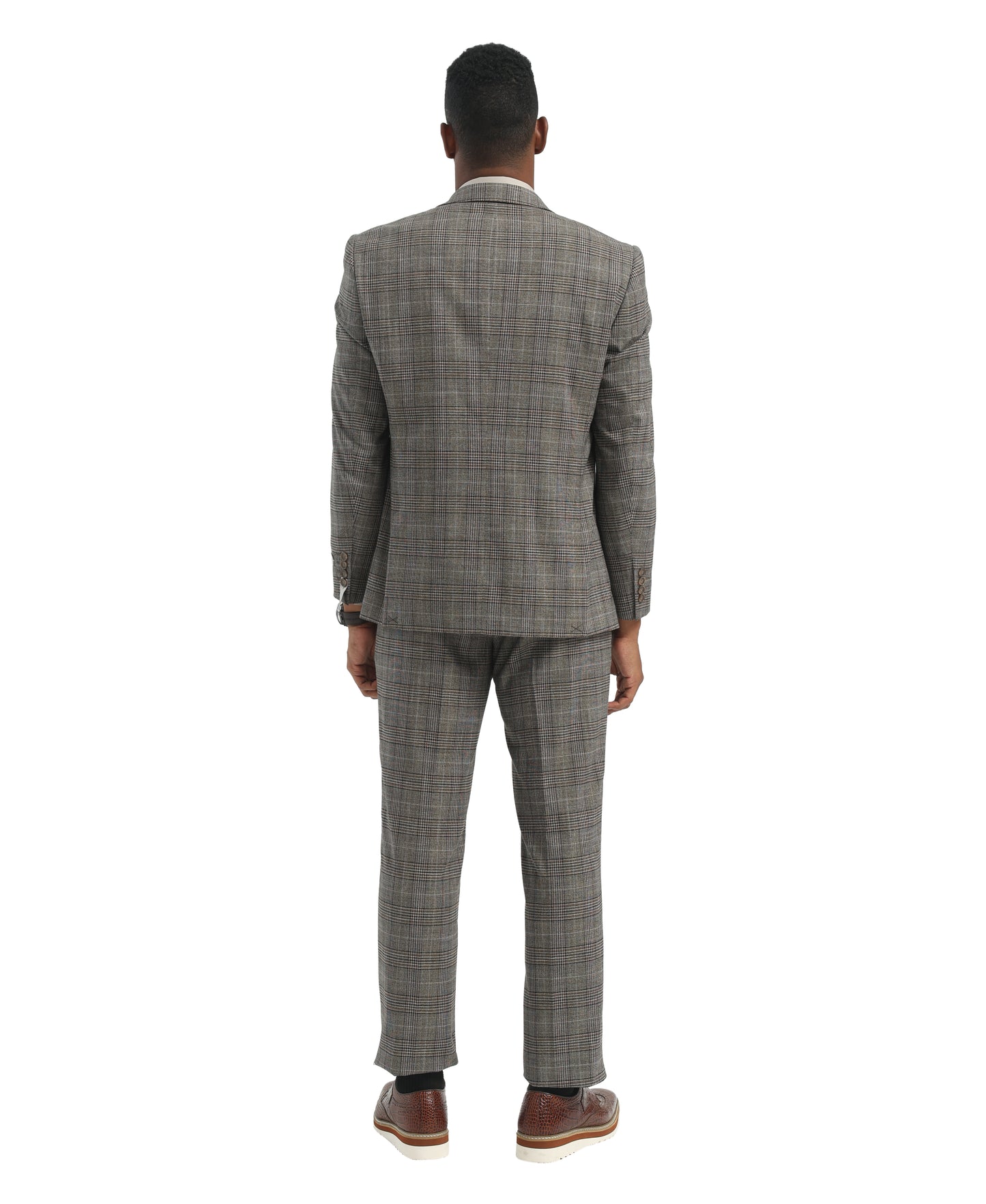 Men's Suit Light Grey Peak Lapel 3pc Hybrid Fit 3pc Plaid Suits