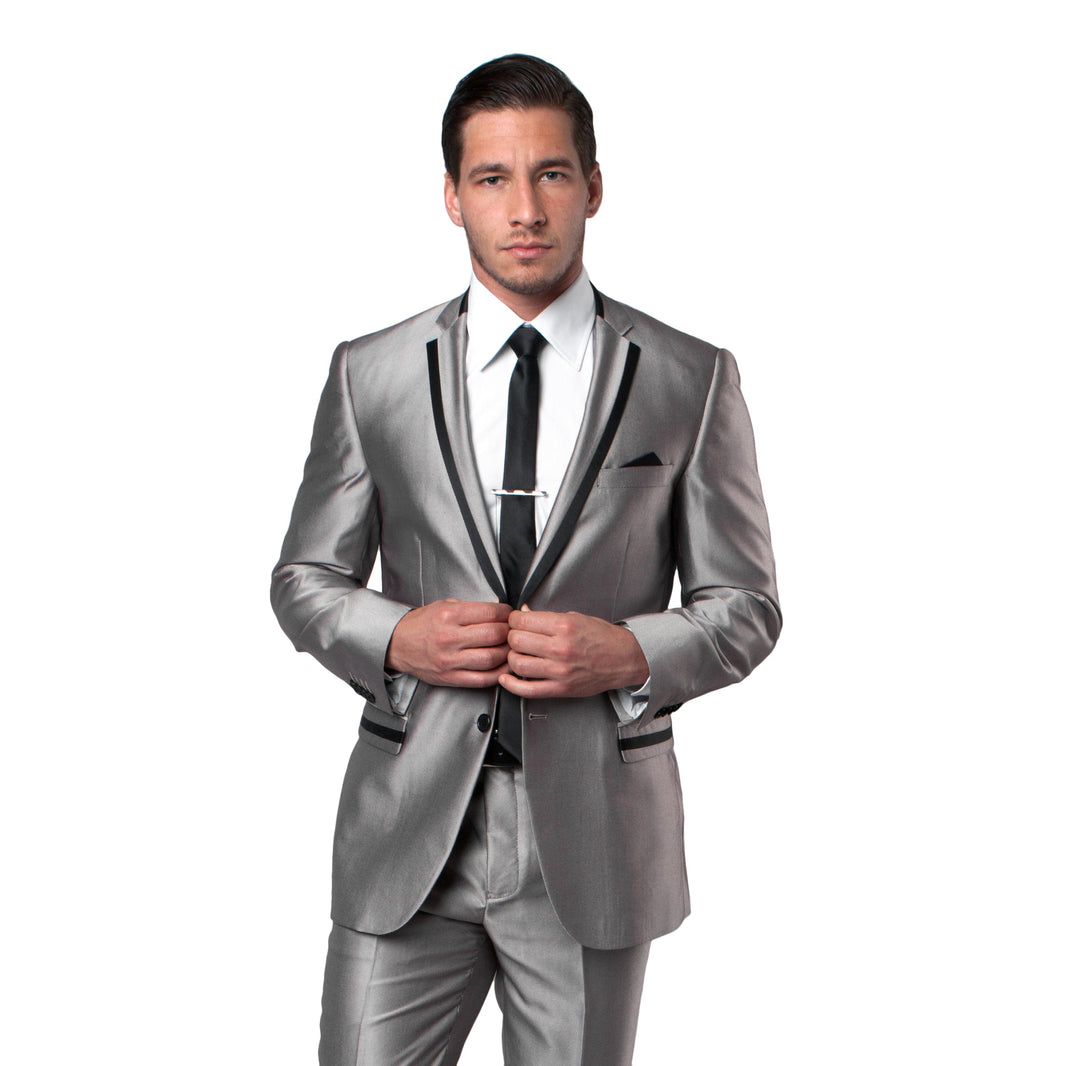 Grey / Black Solid Tone on Tone Satin 2-PC Slim Fit Stretch Suits