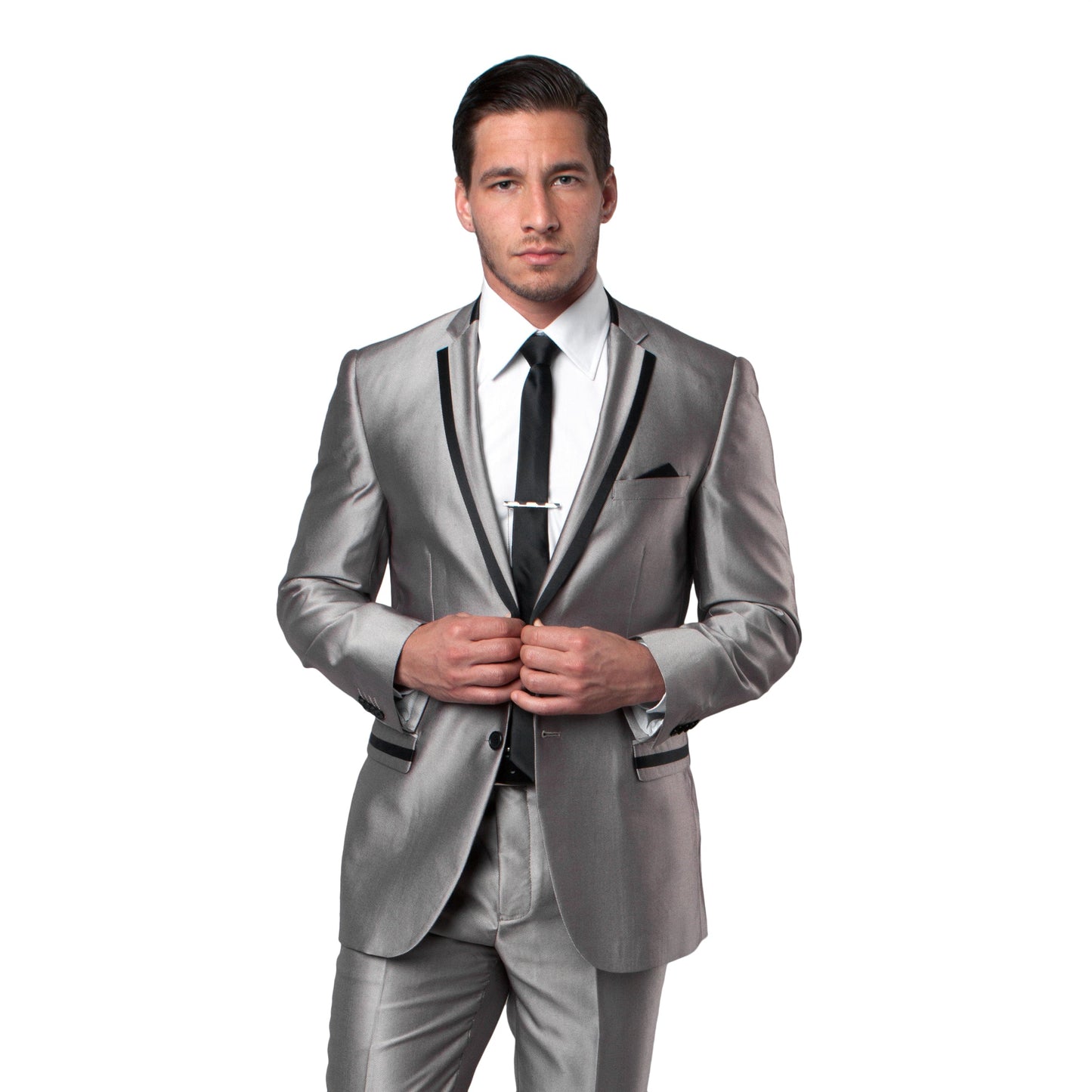 Grey / Black Solid Tone on Tone Satin 2-PC Slim Fit Stretch Suits