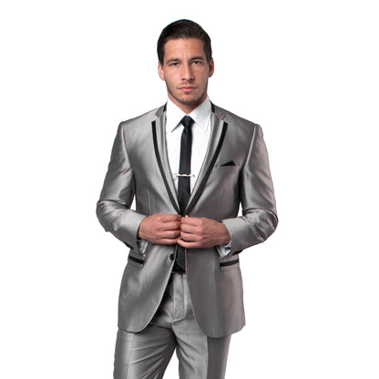 Grey / Black Solid Tone on Tone Satin 2-PC Slim Fit Stretch Suits