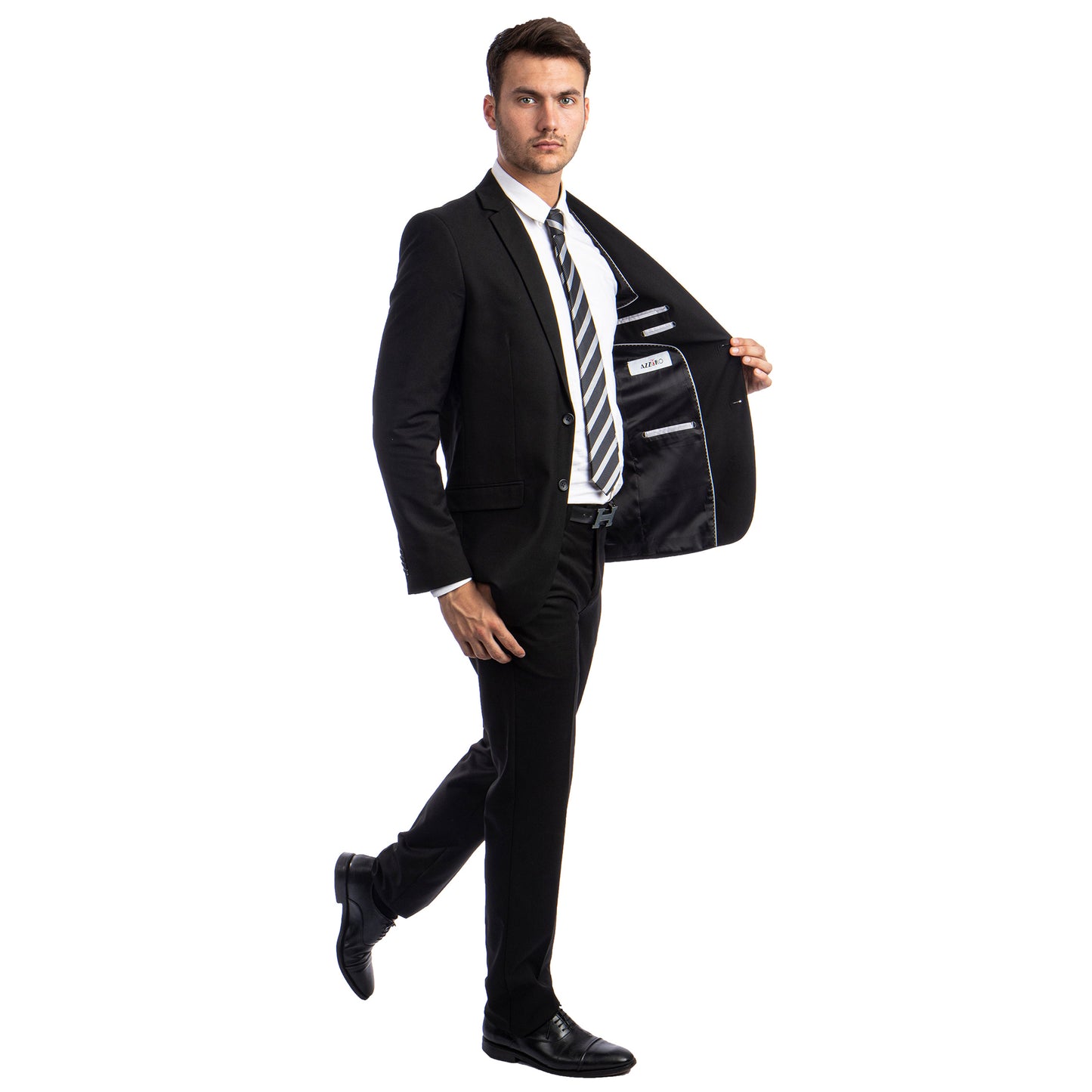 Navy Blue Men's Hybrid-Fit 3pc Paisley Suit w/ Wide Black Shawl Collar