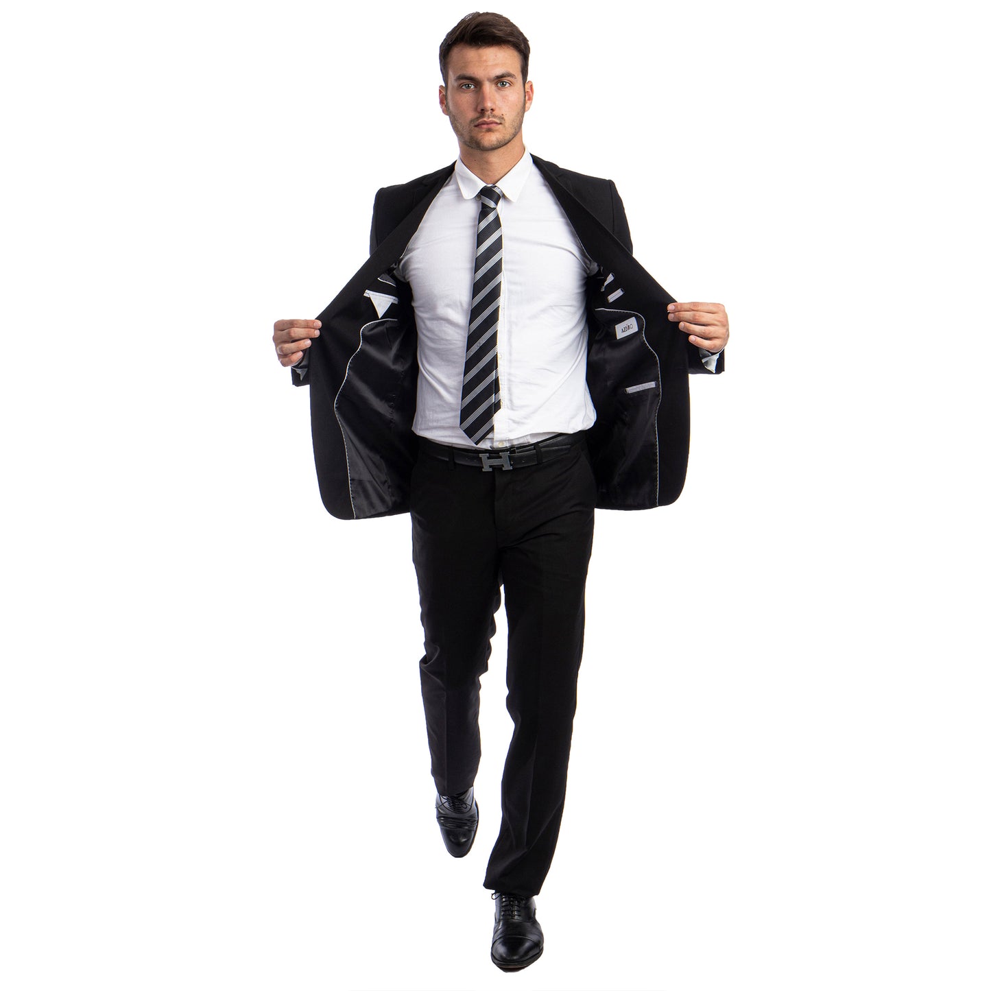 Navy Blue Men's Hybrid-Fit 3pc Paisley Suit w/ Wide Black Shawl Collar