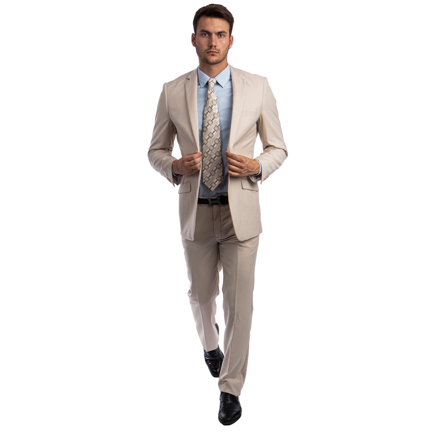 Tan Men's Hybrid-Fit 3pc Paisley Suit w/ Wide Black Shawl Collar