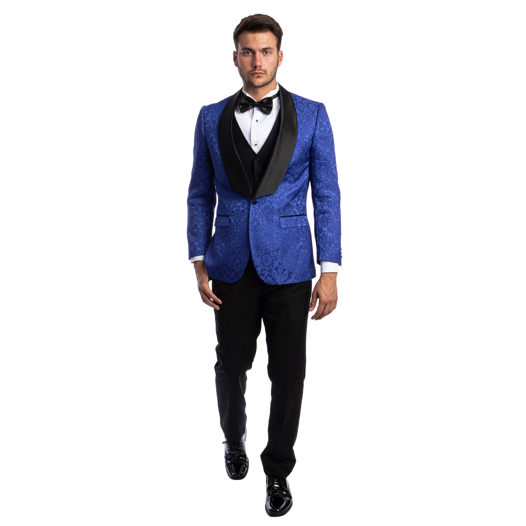 Royal Blue Men's Hybrid-Fit 3pc Paisley Suit w/ Wide Black Shawl Collar