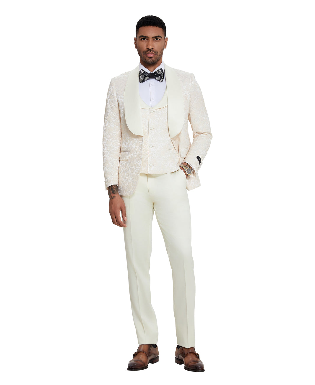 Men's Suit 3pc Paisley Satin Shawl Lapel With Matching Solid Satin Pants Collared Vest For All Occasions