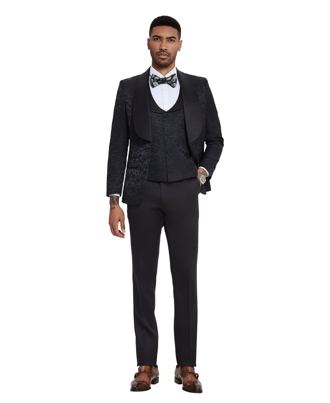 Men's Suit 3pc Paisley Satin Shawl Lapel With Matching Solid Satin Pants Collared Vest For All Occasions