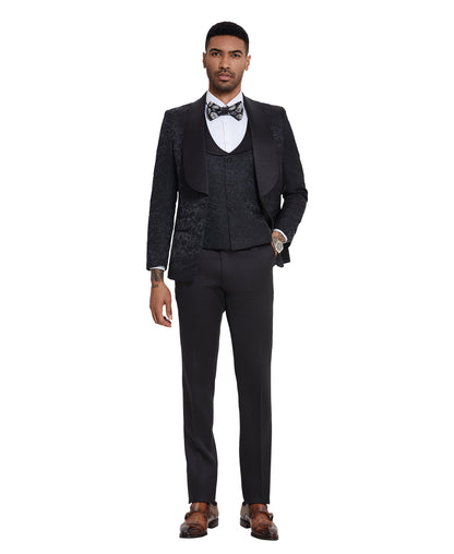 Men's Suit 3pc Paisley Satin Shawl Lapel With Matching Solid Satin Pants Collared Vest For All Occasions