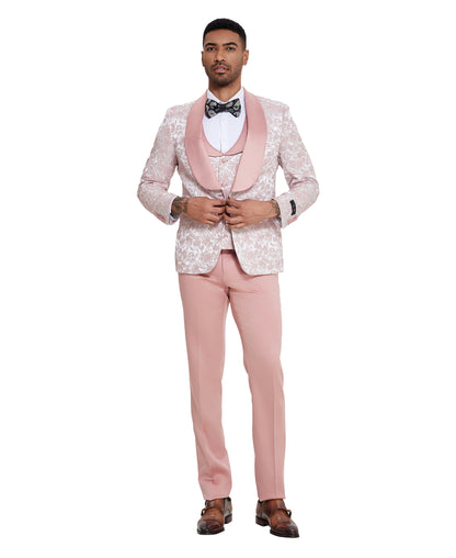 Men's Suit 3pc Paisley Satin Shawl Lapel With Matching Solid Satin Pants Collared Vest For All Occasions