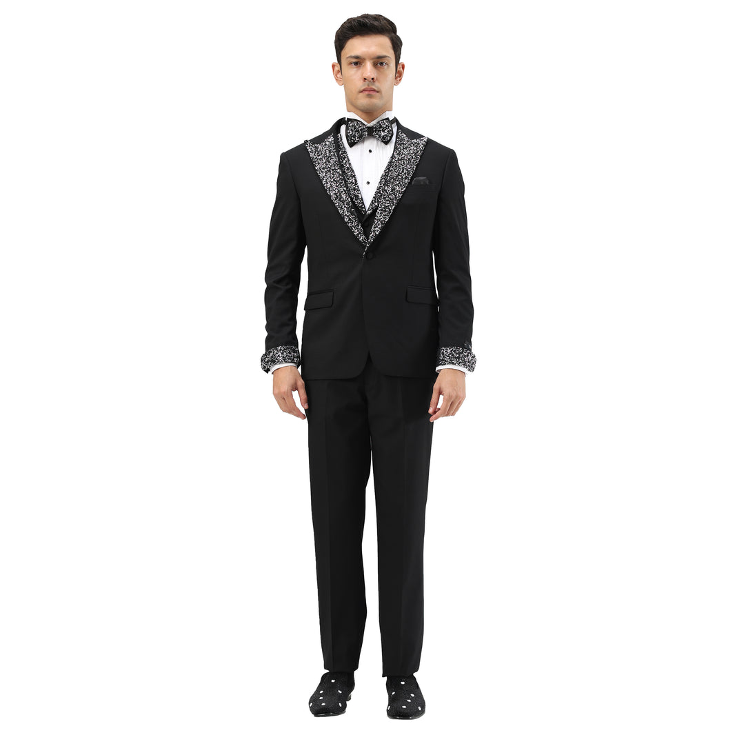 3 PC Solid Satin Rhinestone Peak Lapel Collared Vest Suit