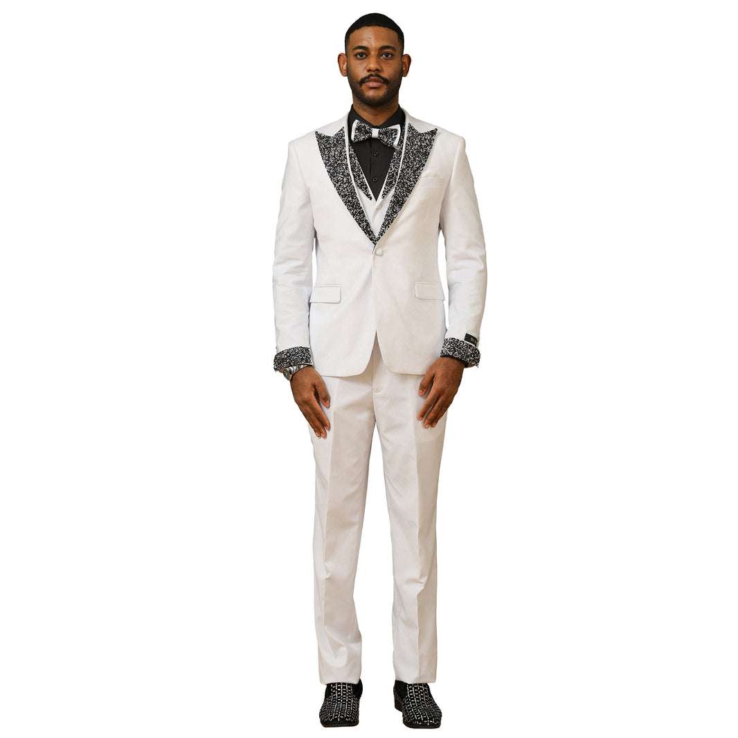 3 PC Solid Satin Rhinestone Peak Lapel Collared Vest Suit
