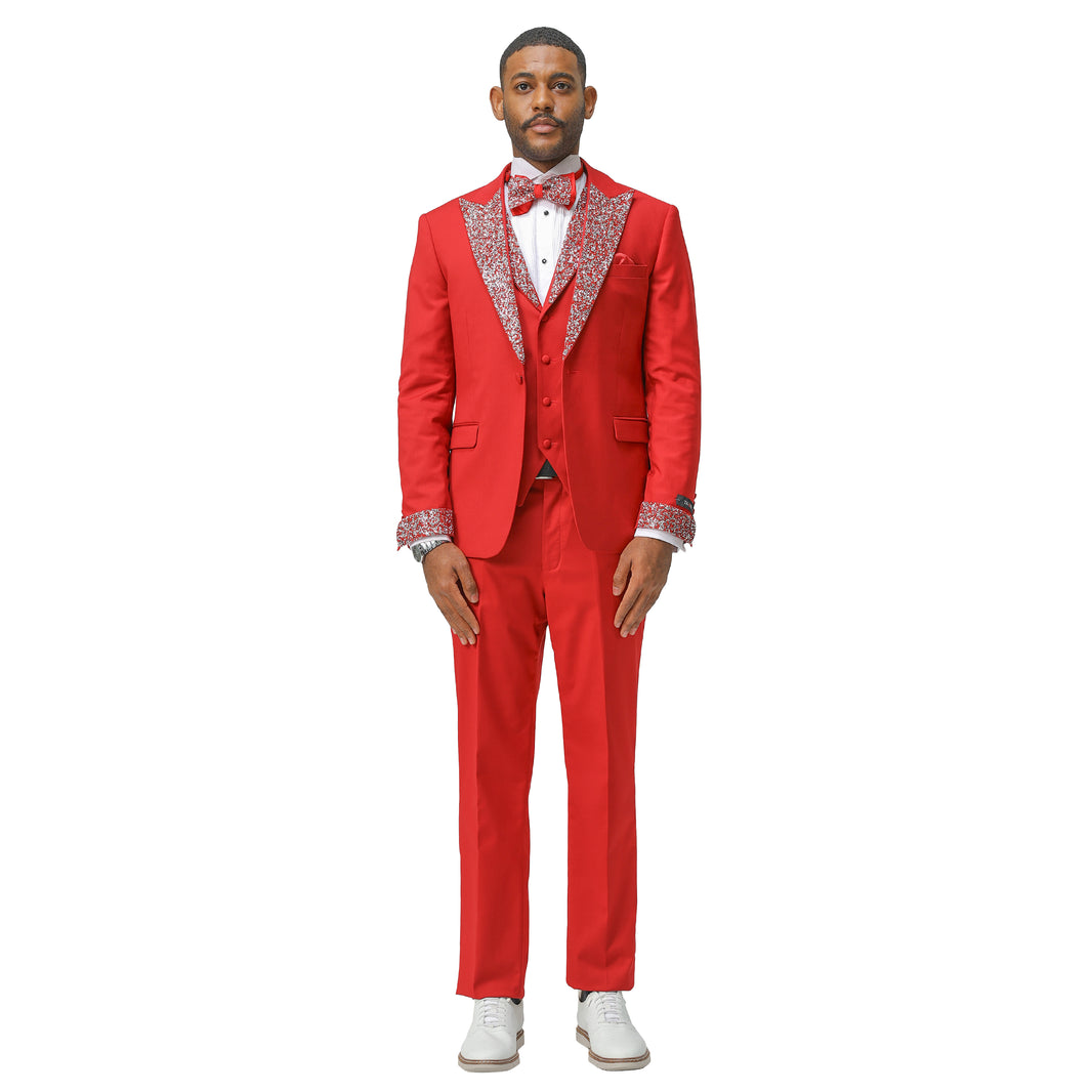 3 PC Solid Satin Rhinestone Peak Lapel Collared Vest Suit