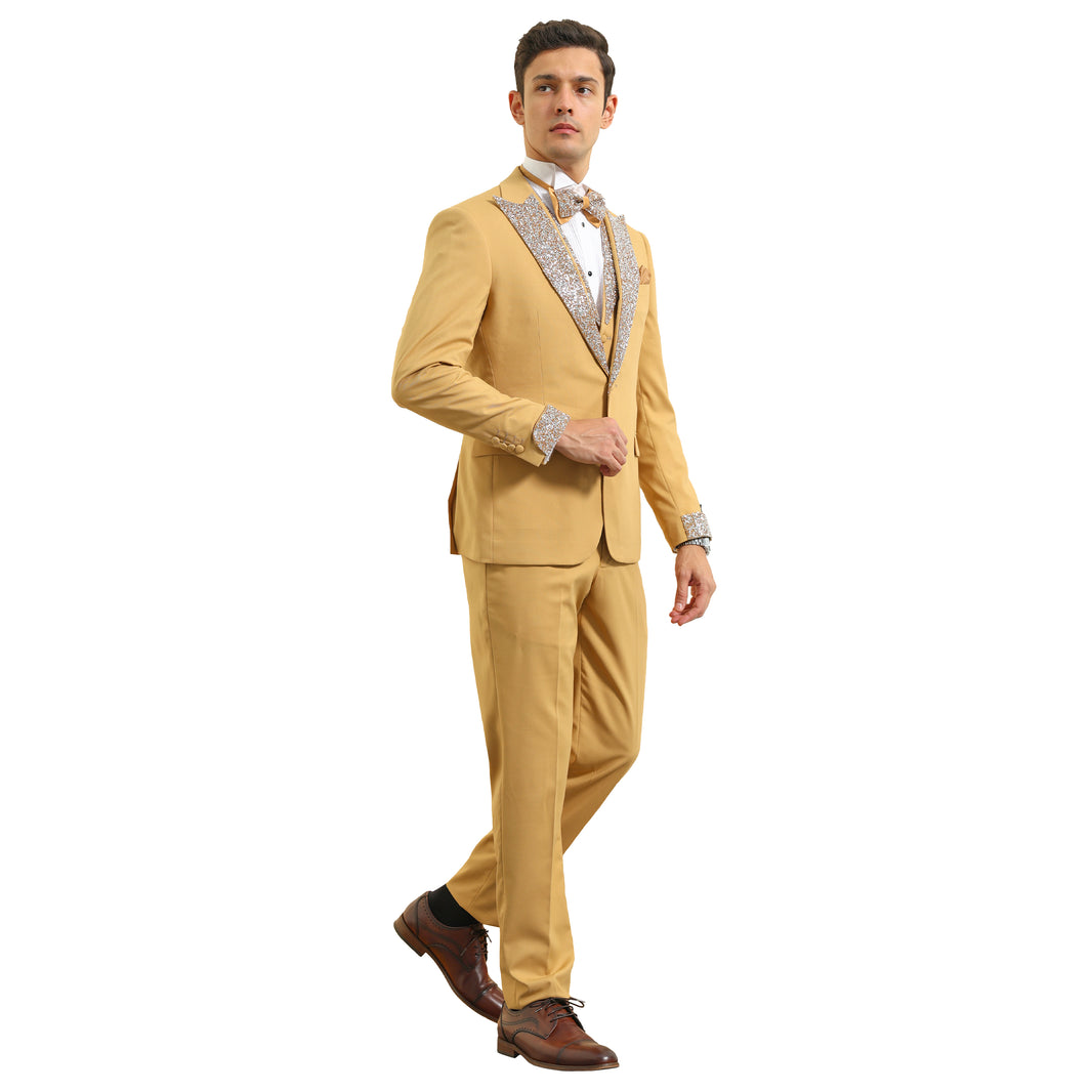 3 PC Solid Satin Rhinestone Peak Lapel Collared Vest Suit