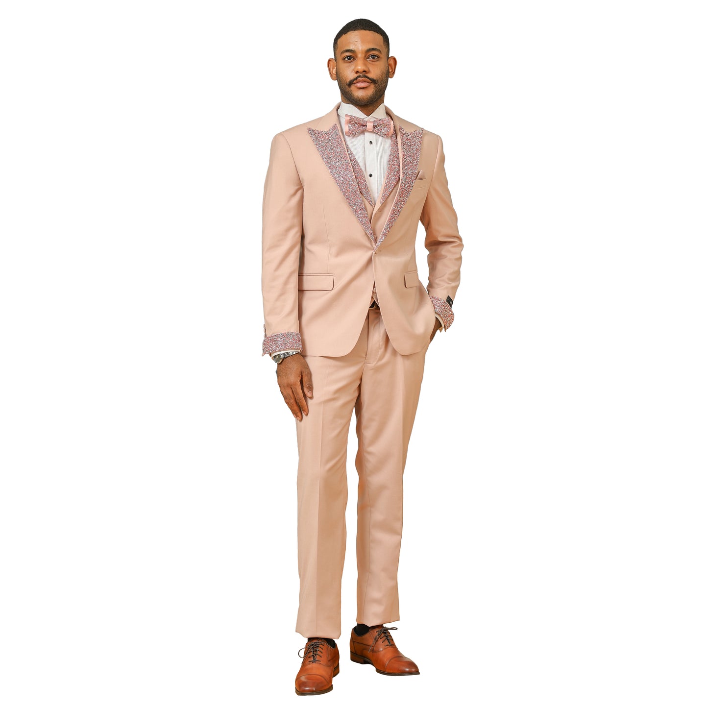 3 PC Solid Satin Rhinestone Peak Lapel Collared Vest Suit