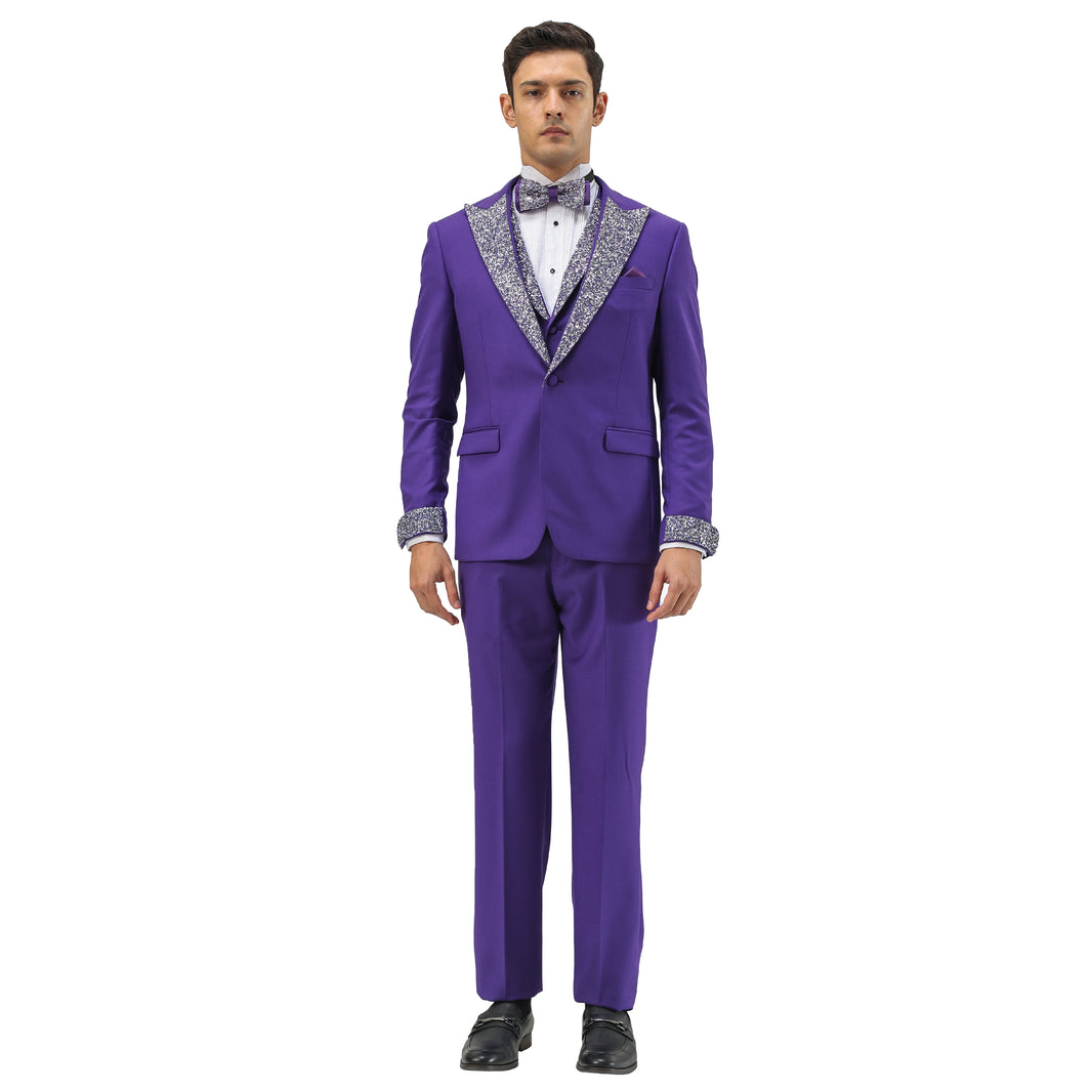 3 PC Solid Satin Rhinestone Peak Lapel Collared Vest Suit