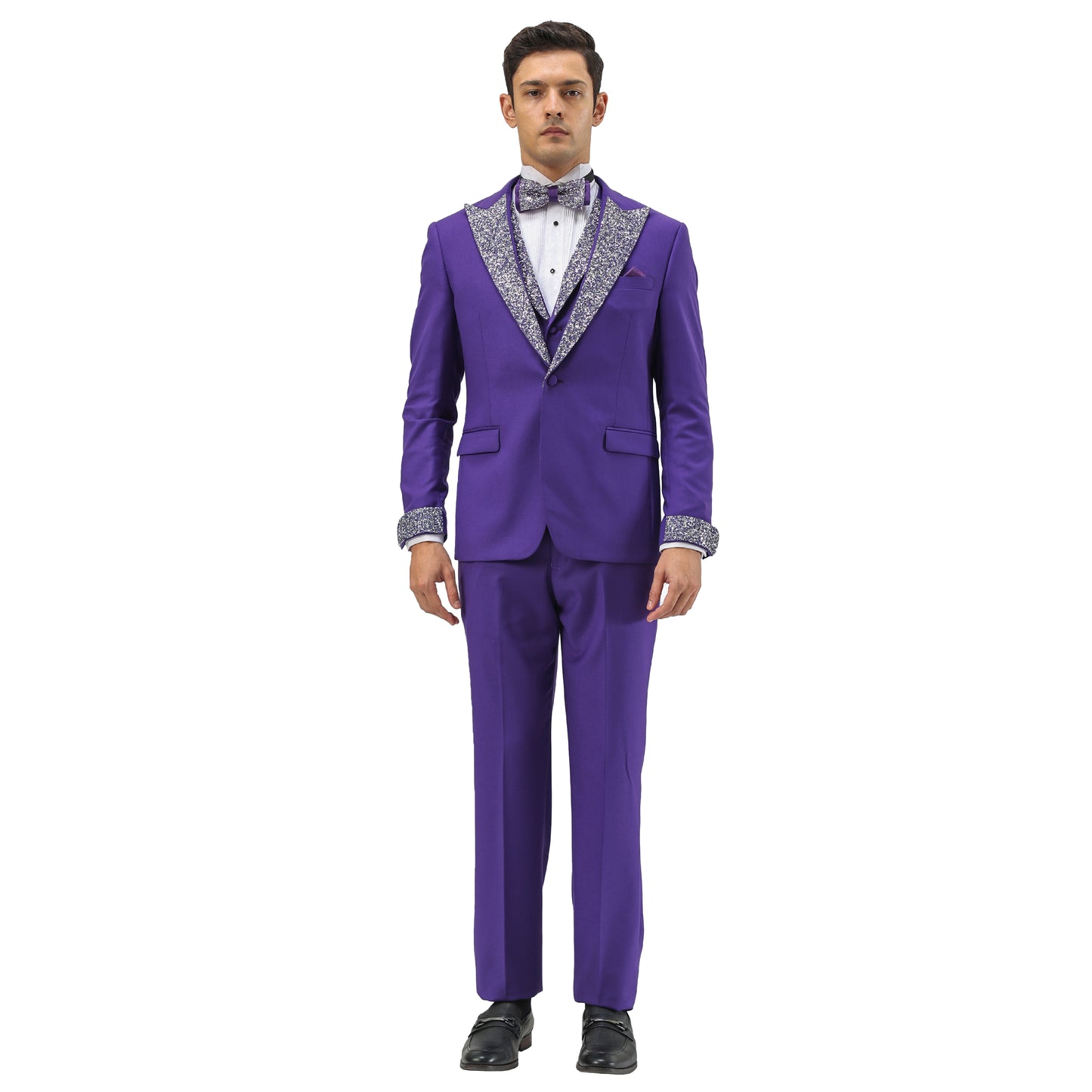 3 PC Solid Satin Rhinestone Peak Lapel Collared Vest Suit
