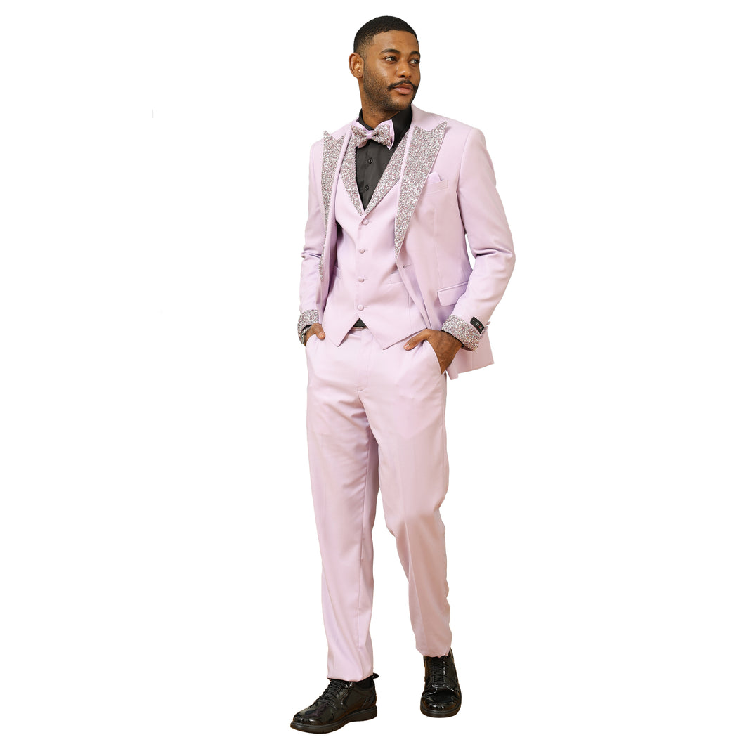 3 PC Solid Satin Rhinestone Peak Lapel Collared Vest Suit