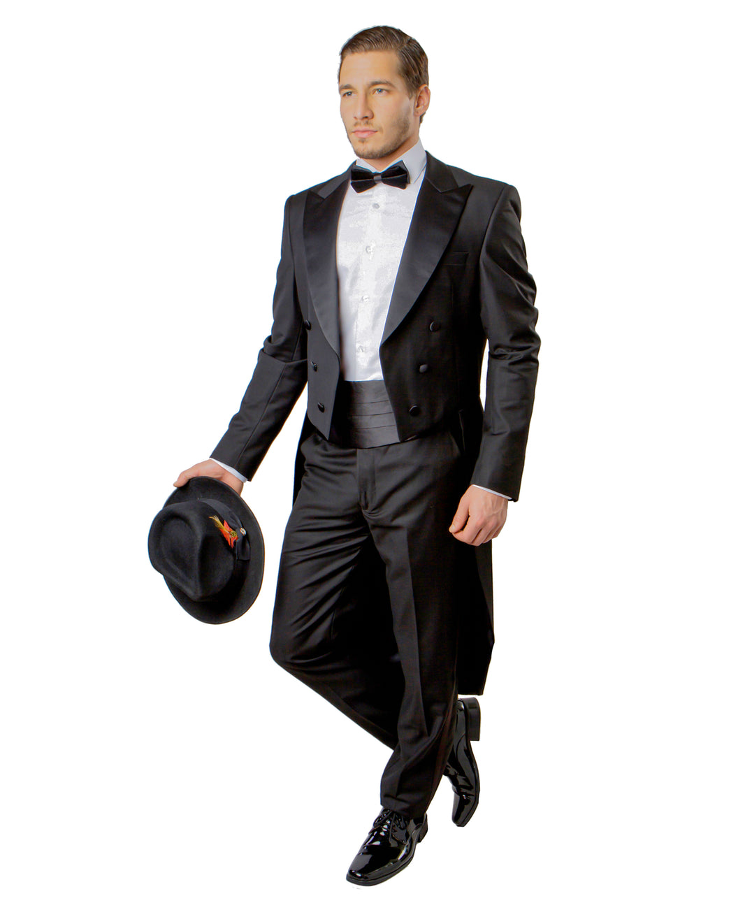 Mens Tuxedo Bryan Michaels Tail Tuxedo Jacket with Satin Peak Lapel and Matching Satin Pants