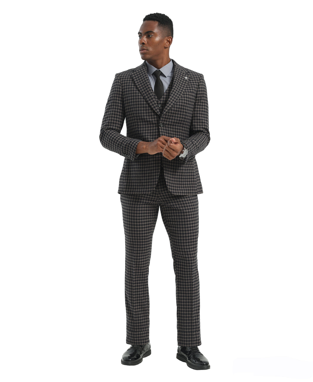 Black/Grey Hybrid Fit 3pc Houndstooth Suits