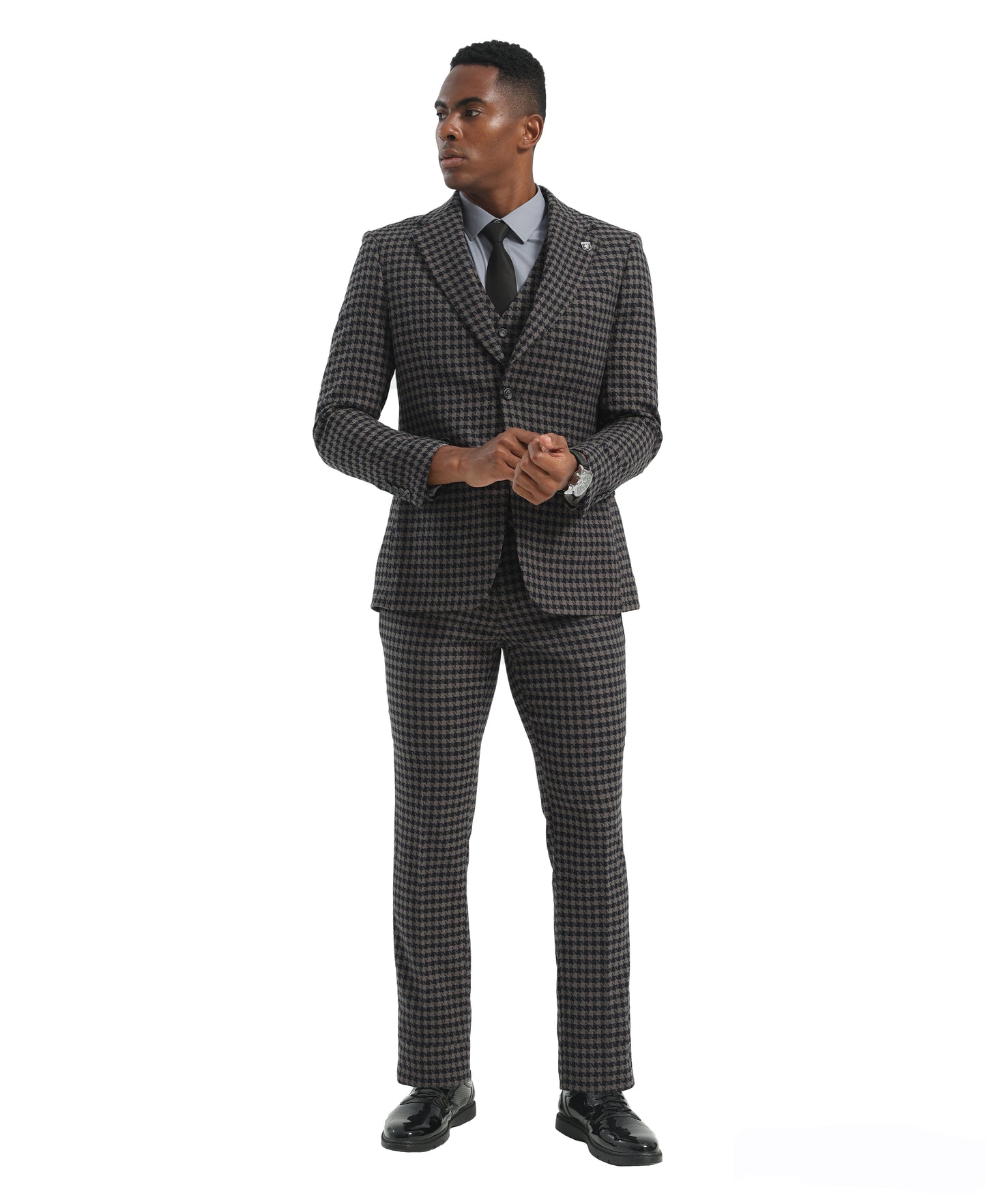 Black/Grey Hybrid Fit 3pc Houndstooth Suits