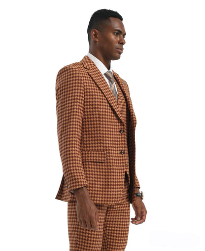 Brown/Terracotta Hybrid Fit 3pc Houndstooth Suits
