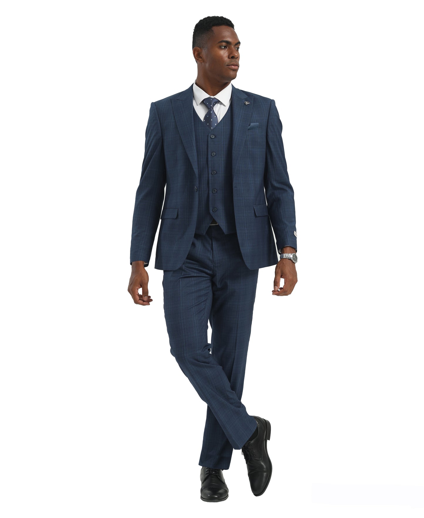 Navy Blue/Blue Hybrid Fit 3pc WIndowpane Suits