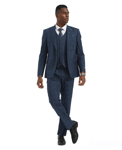Navy Blue/Blue Hybrid Fit 3pc WIndowpane Suits