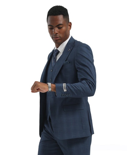 Navy Blue/Blue Hybrid Fit 3pc WIndowpane Suits
