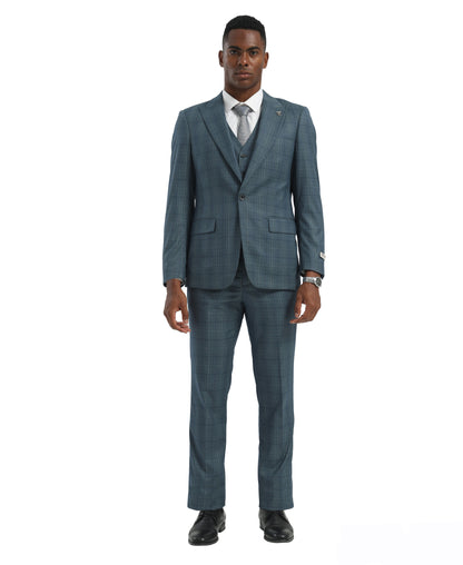 Turquoise/Green Hybrid Fit 3pc Windowpane Suits
