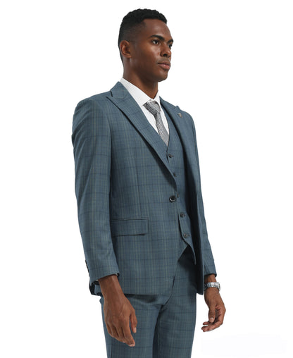 Turquoise/Green Hybrid Fit 3pc Windowpane Suits