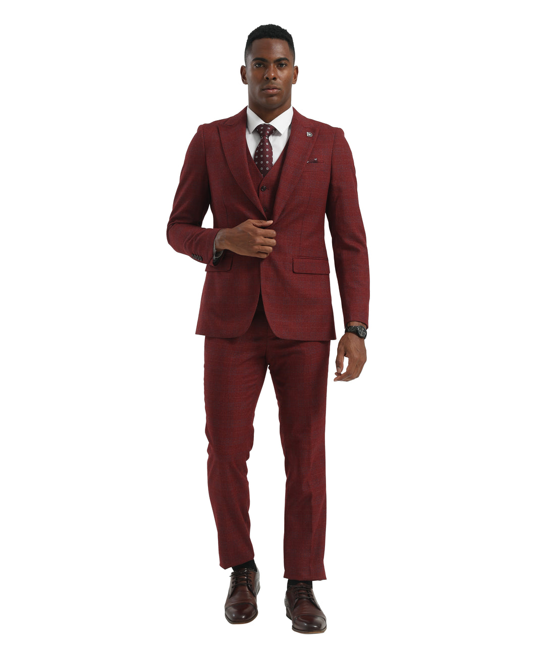 Burgundy Peak Lapel Hybrid Fit 3pc Windowpane Suits