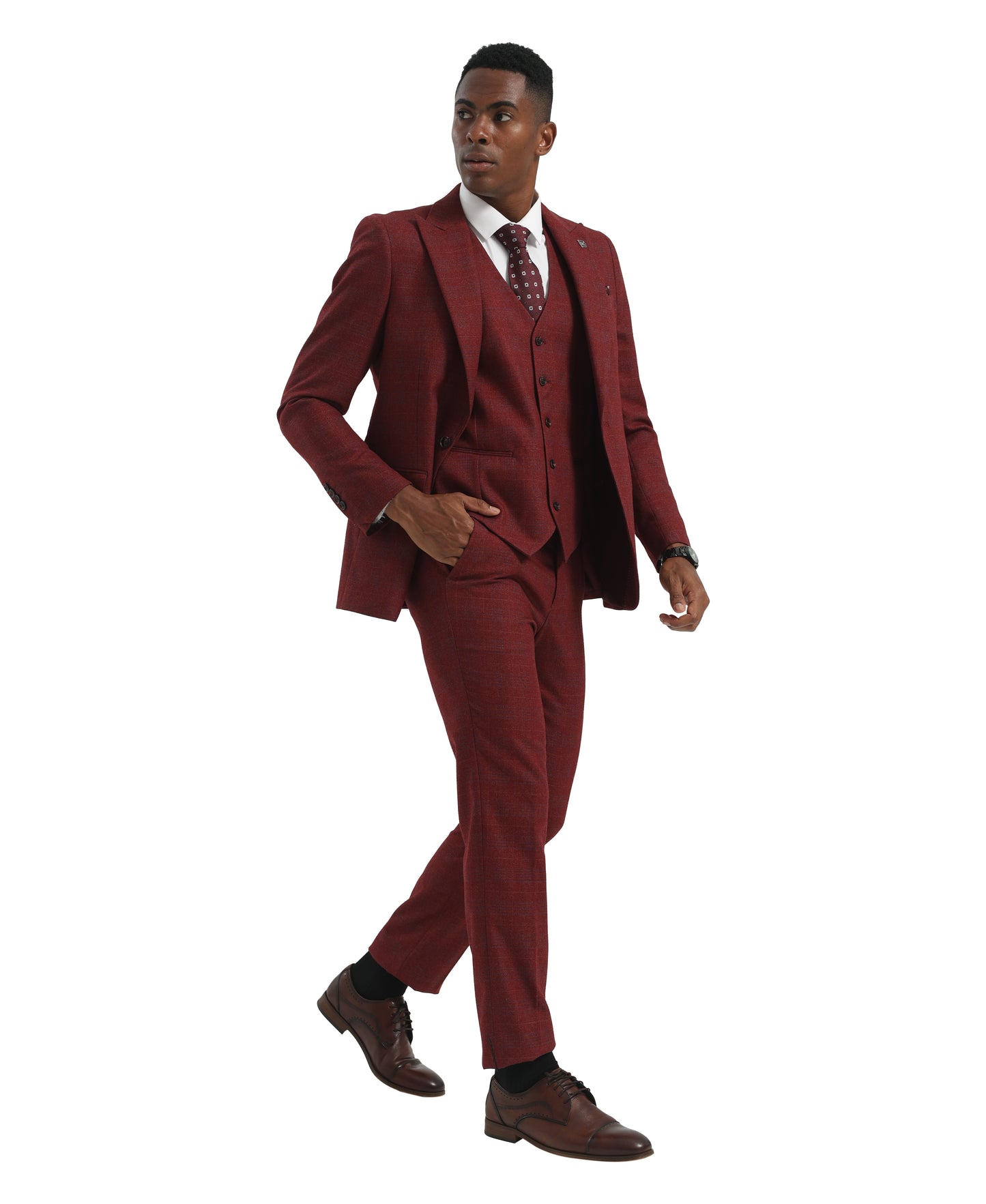 Burgundy Peak Lapel Hybrid Fit 3pc Windowpane Suits