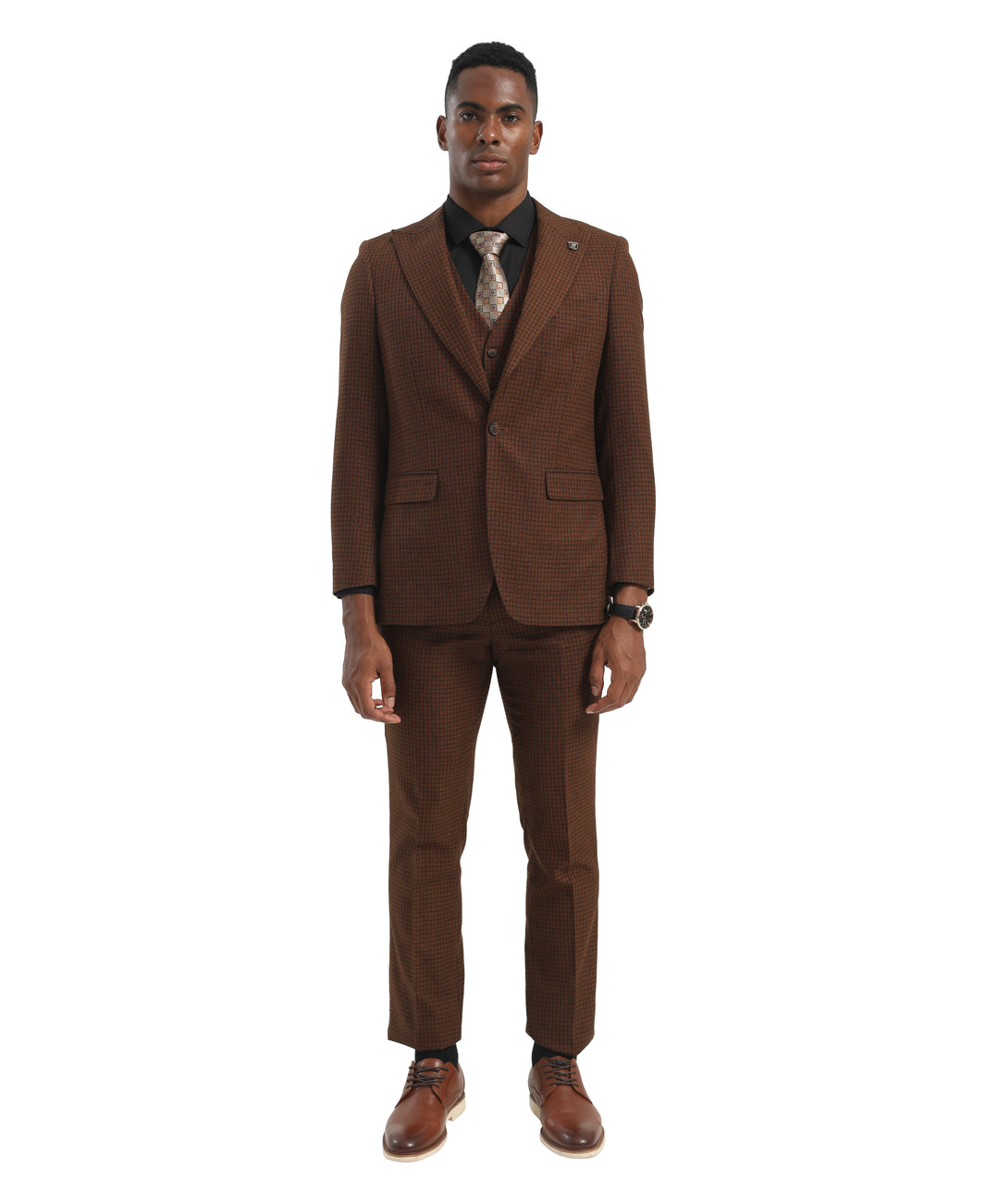 Brown Peak Lapel 3pc Hybrid Fit 3pc Windowpane Suits