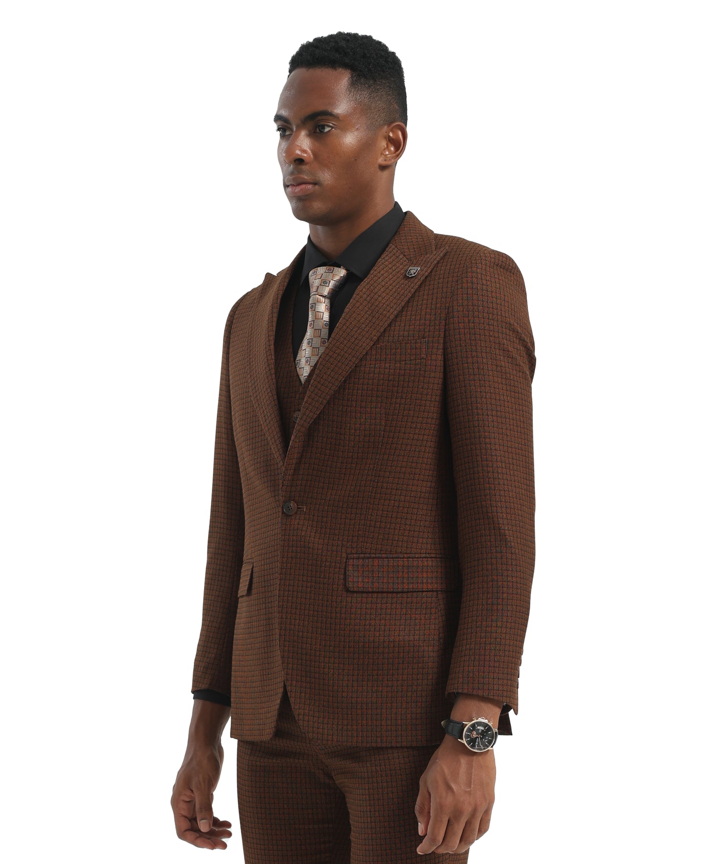 Brown Peak Lapel 3pc Hybrid Fit 3pc Windowpane Suits