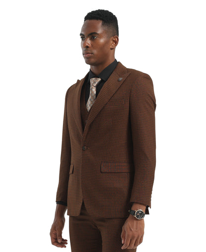 Brown Peak Lapel 3pc Hybrid Fit 3pc Windowpane Suits