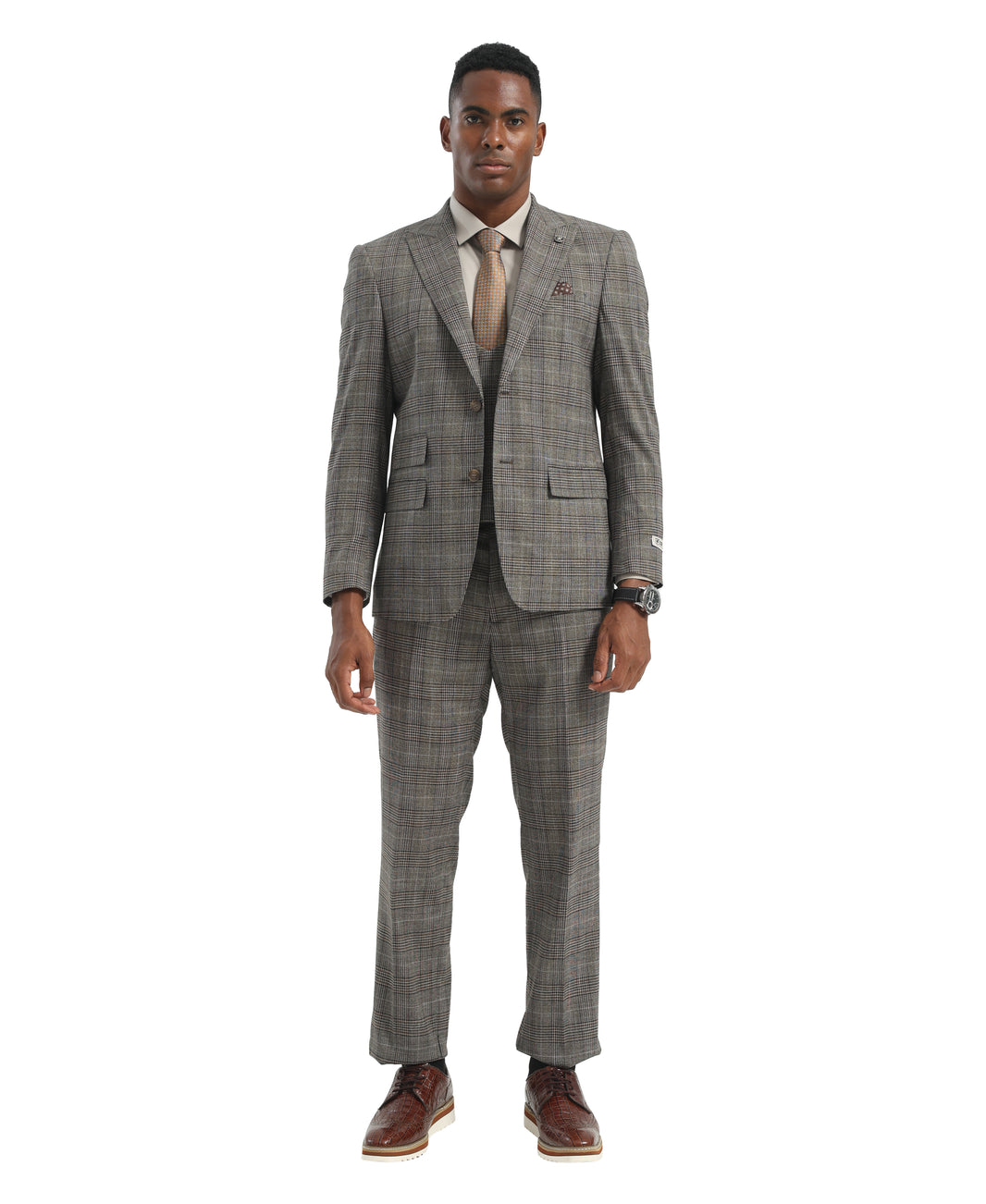 Men's Suit Light Grey Peak Lapel 3pc Hybrid Fit 3pc Plaid Suits