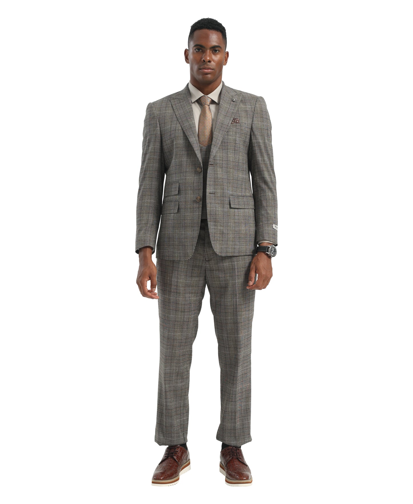 Men's Suit Light Grey Peak Lapel 3pc Hybrid Fit 3pc Plaid Suits