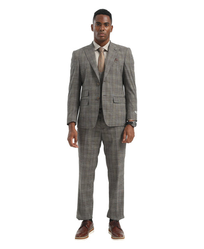 Men's Suit Light Grey Peak Lapel 3pc Hybrid Fit 3pc Plaid Suits