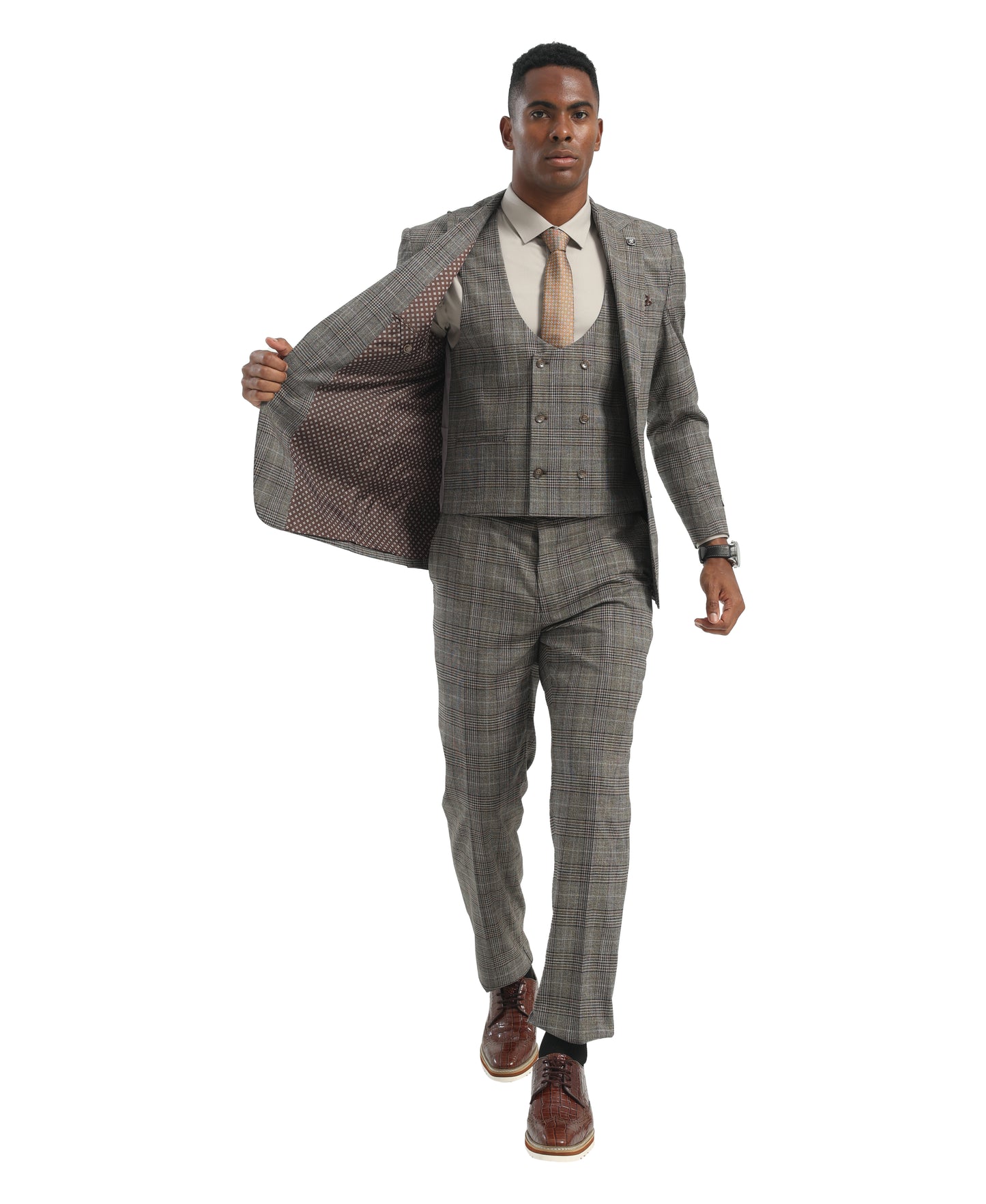 Men's Suit Light Grey Peak Lapel 3pc Hybrid Fit 3pc Plaid Suits