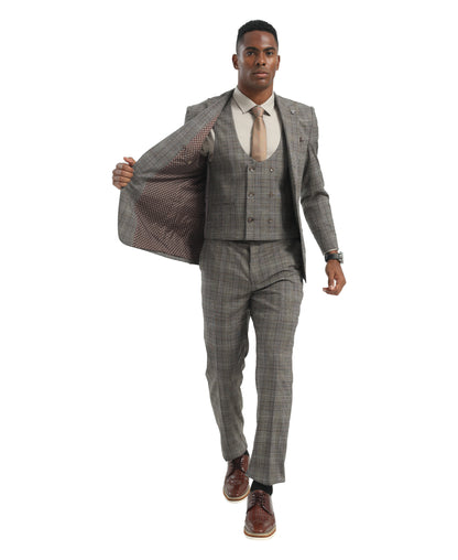 Men's Suit Light Grey Peak Lapel 3pc Hybrid Fit 3pc Plaid Suits