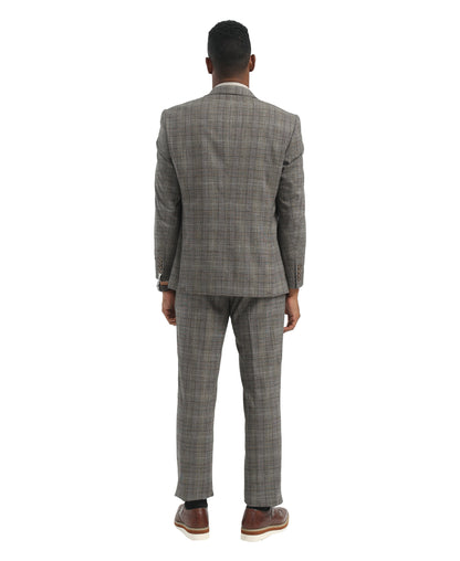 Men's Suit Light Grey Peak Lapel 3pc Hybrid Fit 3pc Plaid Suits
