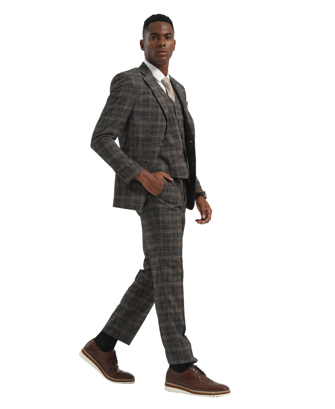 Men's Suit Charcoal Peak Lapel 3pc Hybrid Fit 3pc Plaid Suits