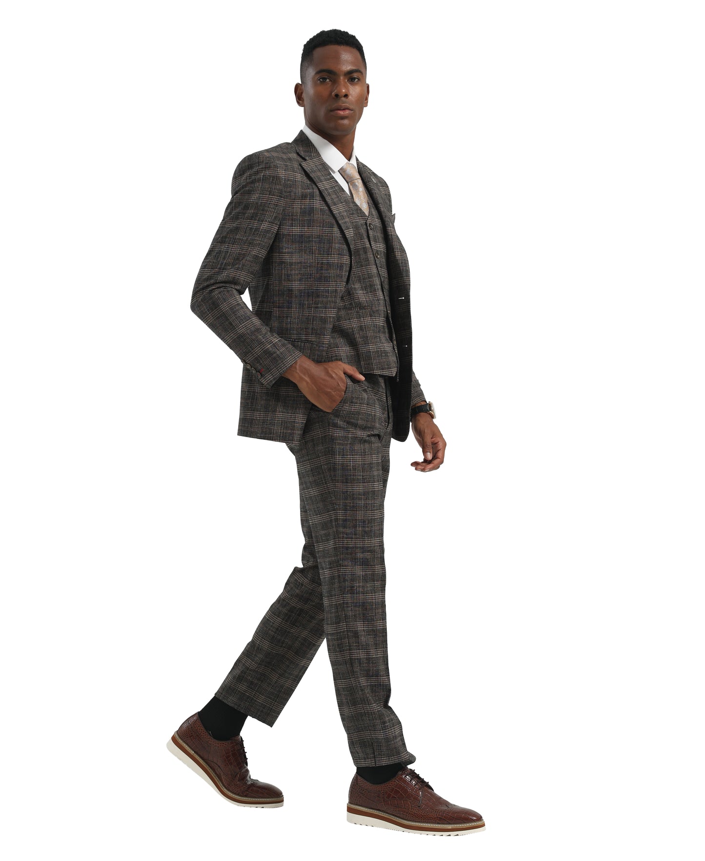 Men's Suit Charcoal Peak Lapel 3pc Hybrid Fit 3pc Plaid Suits
