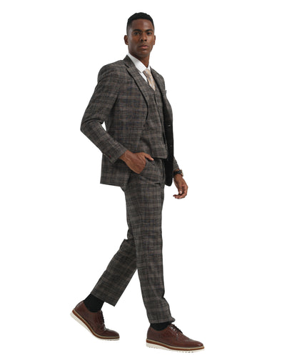 Men's Suit Charcoal Peak Lapel 3pc Hybrid Fit 3pc Plaid Suits