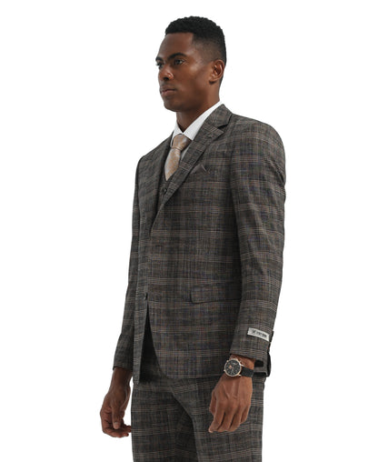 Men's Suit Charcoal Peak Lapel 3pc Hybrid Fit 3pc Plaid Suits