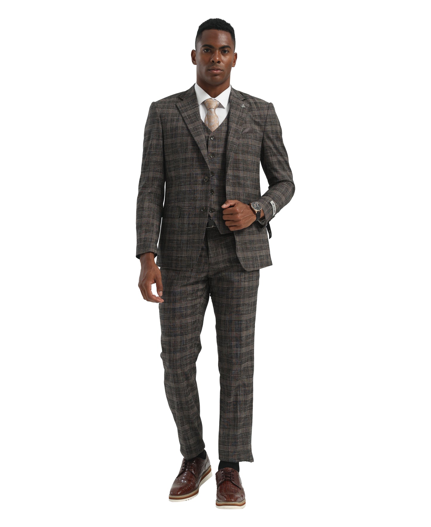 Men's Suit Charcoal Peak Lapel 3pc Hybrid Fit 3pc Plaid Suits