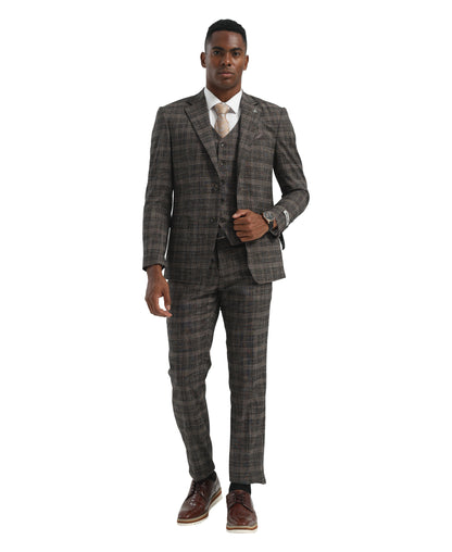 Men's Suit Charcoal Peak Lapel 3pc Hybrid Fit 3pc Plaid Suits