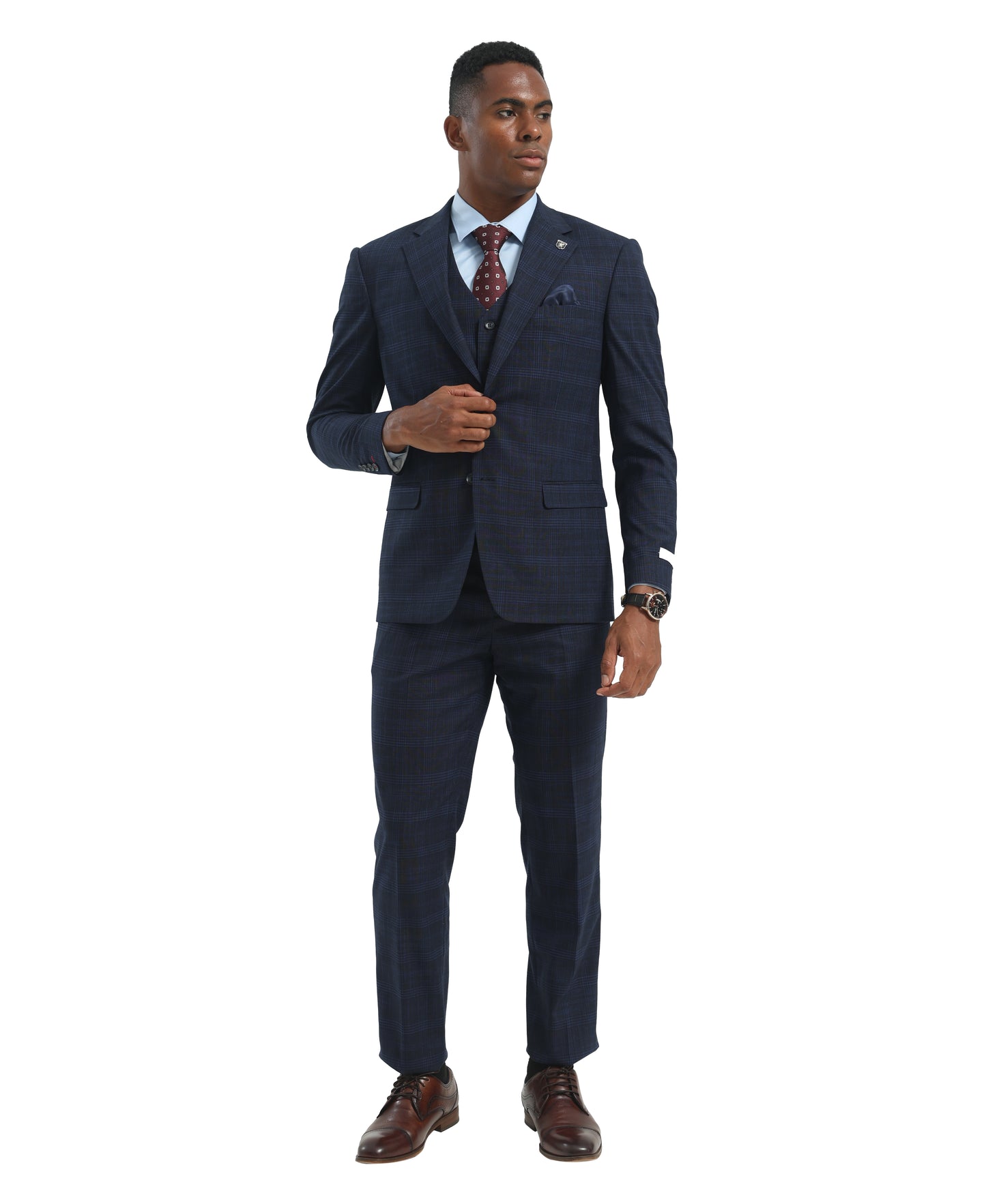 Men's Suit Navy Peak Lapel 3pc Hybrid Fit 3pc Plaid Suits